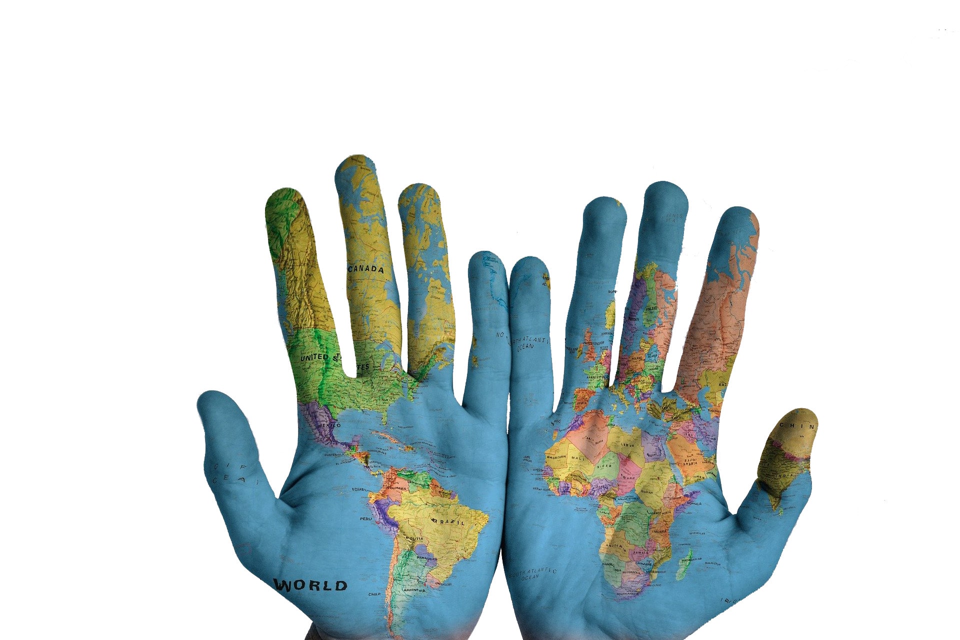 World map on hands - Palm reading concept